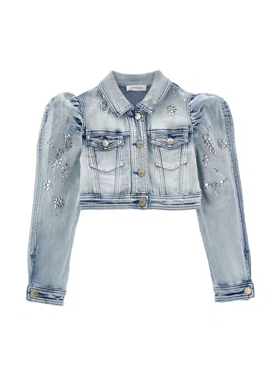 Monnalisa Kids'   Denim Jacket With Jewel Buttons In Stone Bleach