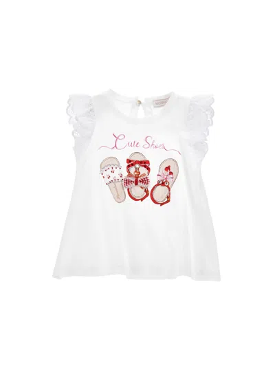 Monnalisa Kids'   Jersey And Broderie Anglaise Embroidery T-shirt In White + Rosa Fairytale