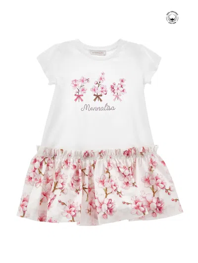 Monnalisa Kids'   Jersey Dress With Floral Ruffle In White