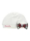 Monnalisa Jersey Hat With Tartan Bow In Cream + Ruby Red