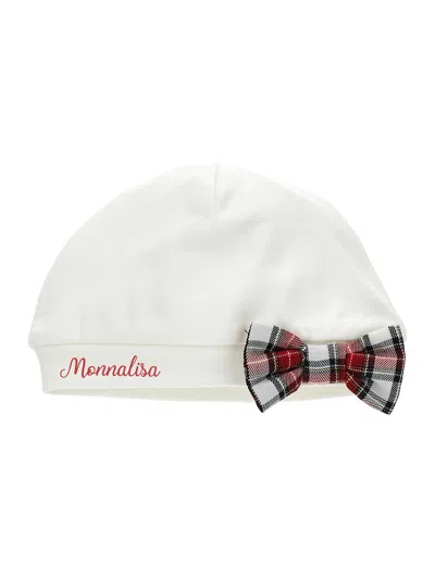Monnalisa Kids'   Jersey Hat With Tartan Bow In Cream + Ruby Red