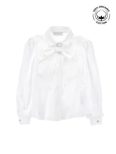 Monnalisa Kids'   Jersey Organic Cotton Shirt With Rhinestones And Bow In White