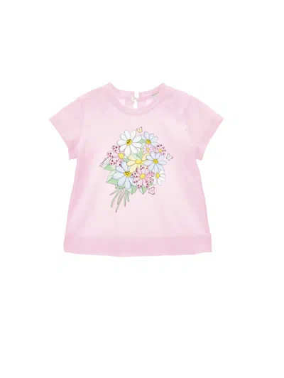 Monnalisa Babies' Jersey-t-shirt Mit Blumenstrauss-print In Pink