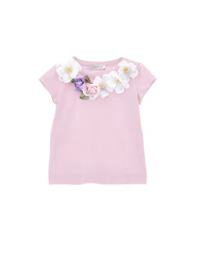 Monnalisa Kids'   Jersey T-shirt With Flowers In Rosa Fairy Tale