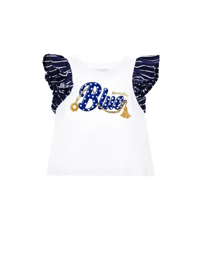 Monnalisa Kids'   Jersey T-shirt With Sailor Stripe Sleeves In White