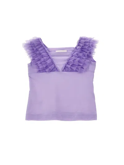 Monnalisa Kids'   Jersey Tank Top With Tulle Details In Wisteria