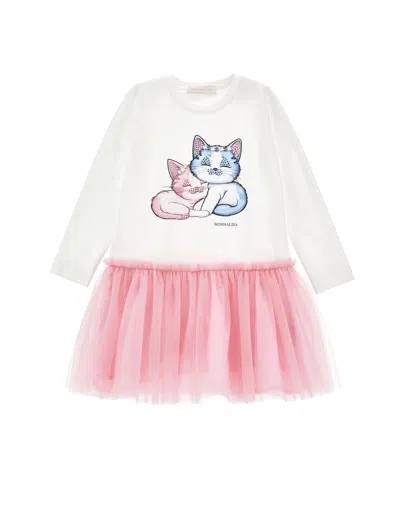 Monnalisa Kids' Katzenkleid Mit Tüllstickerei In White