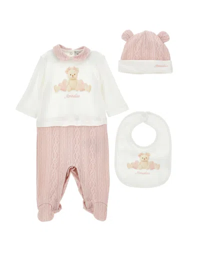 Monnalisa Kids Mini Teddy Bear Onesie With Decorative Collar, Snap-back Closure & Footed Pants In Rosa