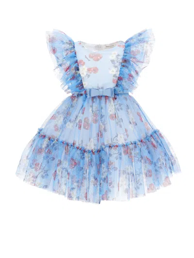 Monnalisa Kids' Kleid Aus Tüll Mit Kirschmuster In Blue