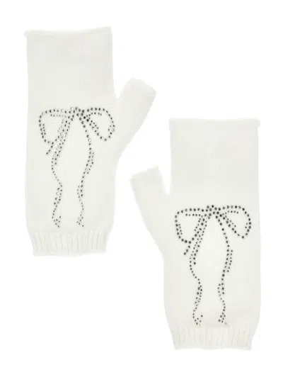 Monnalisa Knitted Arm Warmers With Rhinestones In Cream