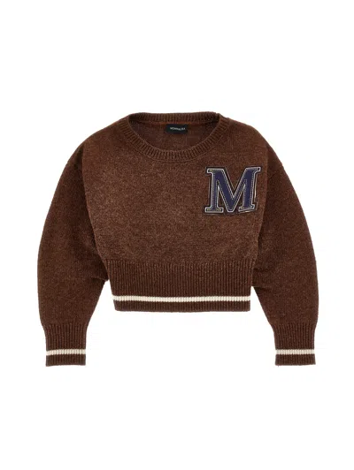 Monnalisa Kids'   Knitted College-style Sweater In Dark Brown