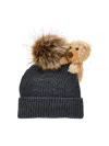 Monnalisa Knitted Hat With Pompom And Teddy Bear In Black