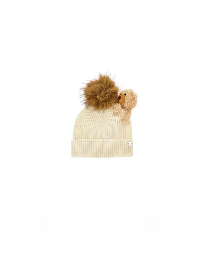 Monnalisa Kids'   Knitted Hat With Pompom And Teddy Bear In Neutral