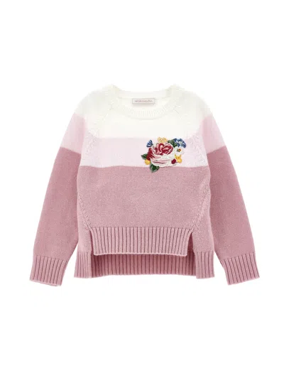 Monnalisa Kids'   Knitted Sweater With Appliqué Flowers In Cream