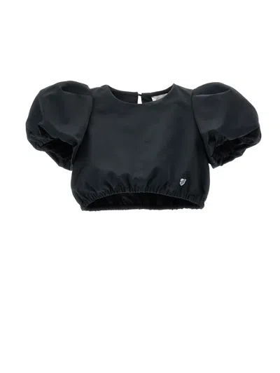 Monnalisa Kids' Puff-sleeve Satin Blouse In Black