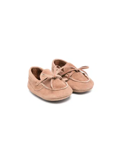 Monnalisa Babies' Lace-detail Suede Crib Shoes In Brown