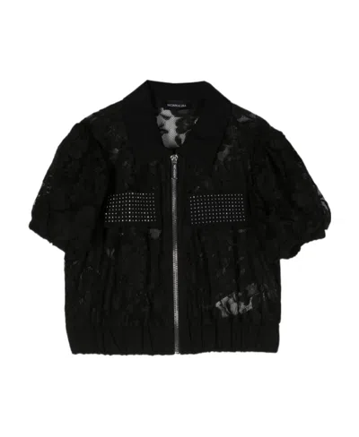 Monnalisa Lace Short-sleeve Zip Shirt In Black