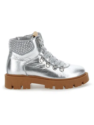 Monnalisa Kids'   Laminated Leather Lace-up Boots In Silver