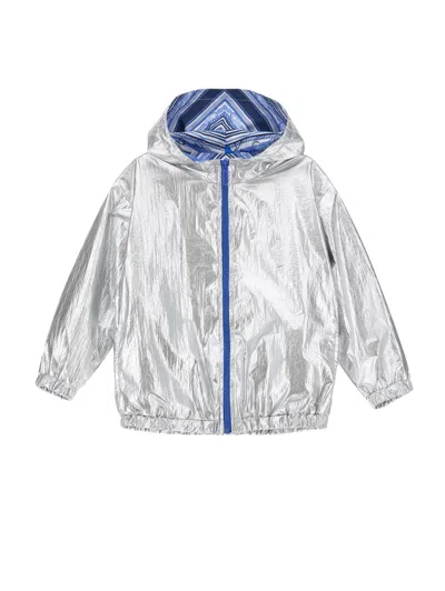 Monnalisa Kids'   Laminated Technical Fabric Windproof Jacket In Silver + Blue