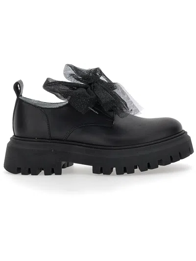 Monnalisa Kids' Tulle-bow Leather Loafers In Black