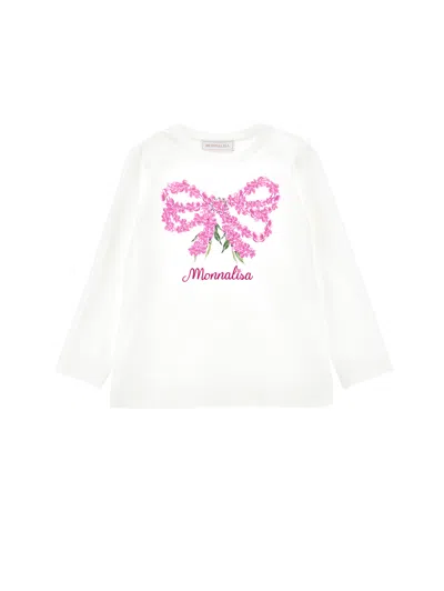 Monnalisa Kids'   Long-sleeved T-shirt With Bow In Cream + Pink