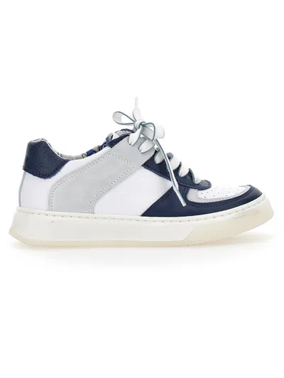 Monnalisa Leather And Crusted Leather Sneakers In White + Blue