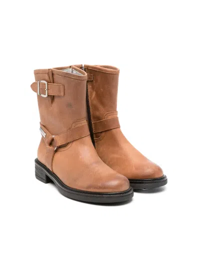 Monnalisa Kids' Leather Ankle Harness Boots In Brown