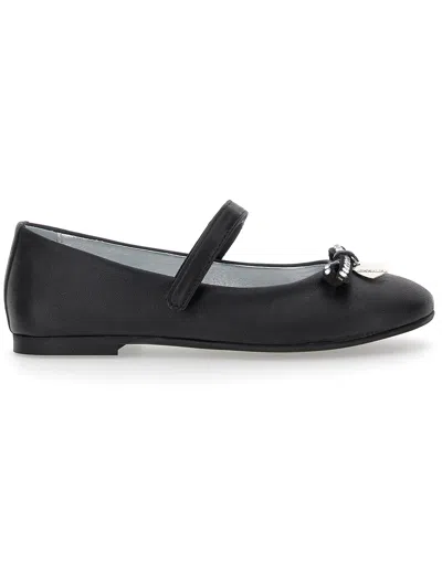 Monnalisa Kids'   Leather Ballet Flats With Rhinestone Bow In Black
