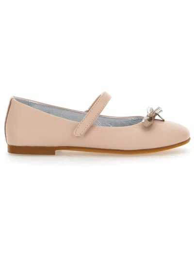 Monnalisa Kids'   Leather Ballet Flats With Rhinestone Bow In Blush Pink
