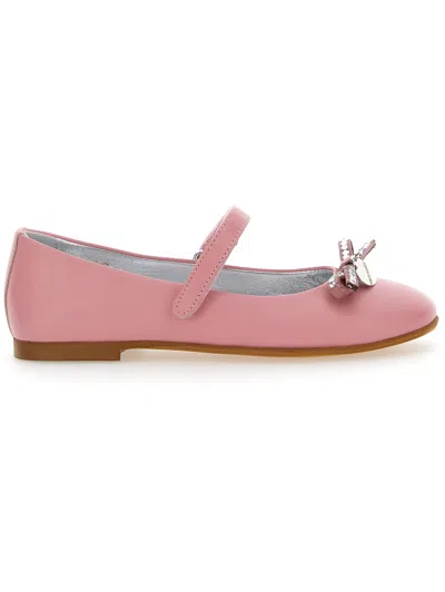 Monnalisa Kids'   Leather Ballet Flats With Rhinestone Bow In Rosa Fairy Tale