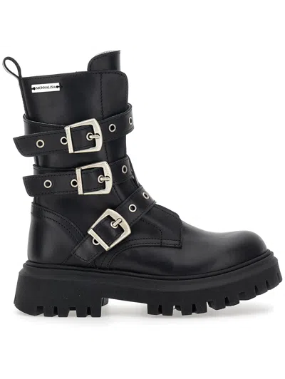 Monnalisa Kids'   Leather Biker Boots With Buckles In Black