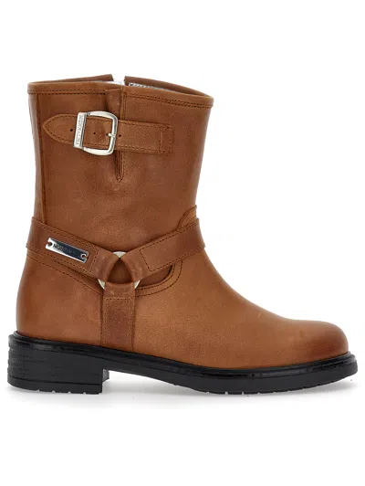 Monnalisa Kids'   Leather Boots With Buckles In Caramel