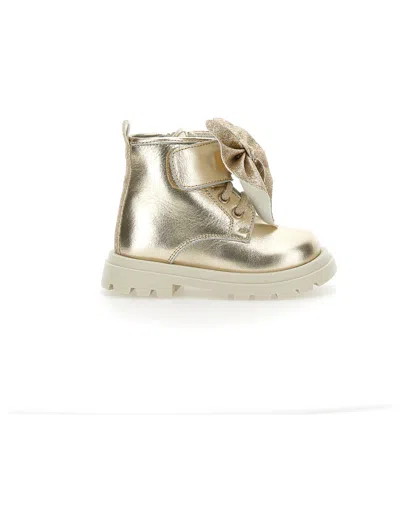 Monnalisa Kids'   Leather Boots With Glitter Bow In Light Gold