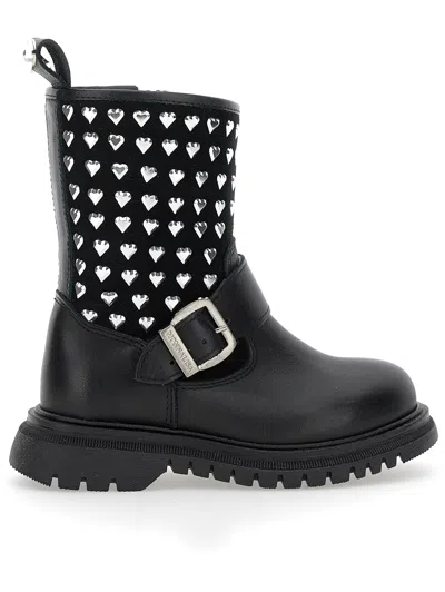 Monnalisa Kids'   Leather Boots With Studs And Sheepskin In Black