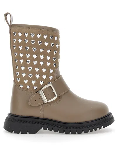 Monnalisa Kids'   Leather Boots With Studs And Sheepskin In Dove Grey