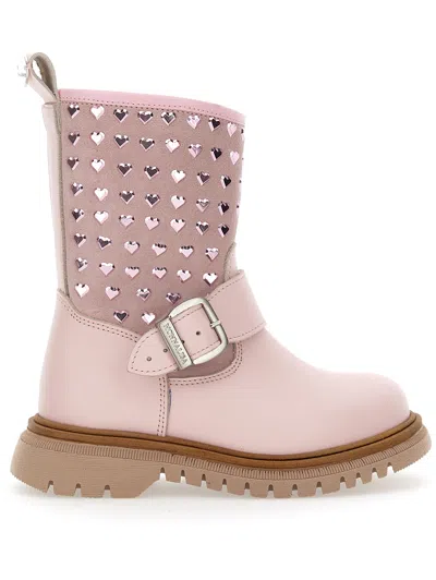 Monnalisa Kids'   Leather Boots With Studs In Dusty Pink Rose