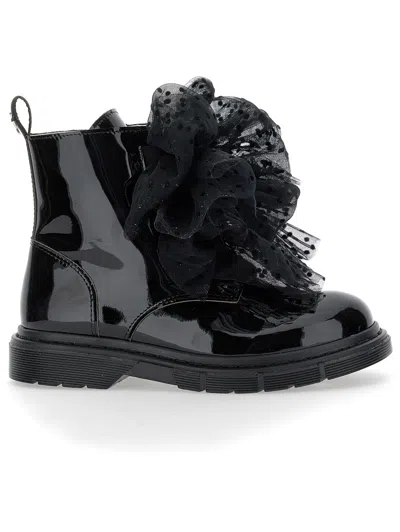 Monnalisa Kids'   Sheepskin And Leather Combat Boots With Bows In Black
