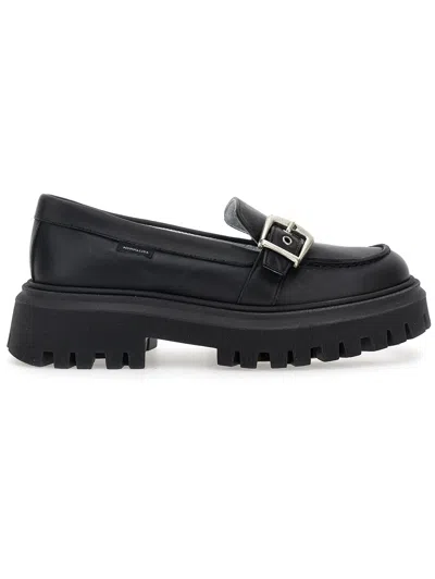 Monnalisa Leather Loafers With Buckle In Black