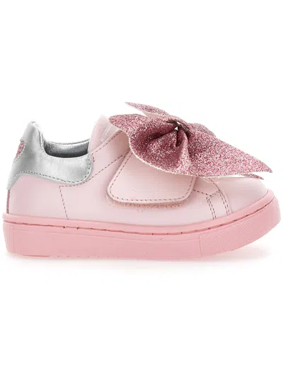 Monnalisa Kids'   Leather Sneakers With Glitter Bow In Rosa Fairy Tale