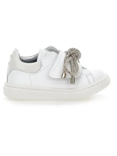 Monnalisa Leather Sneakers With Glitter Details In Cream