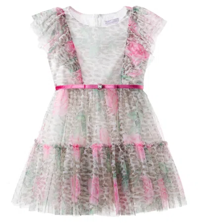 Monnalisa Kids' Leopard-print Ruffled Tulle Dress In Gray
