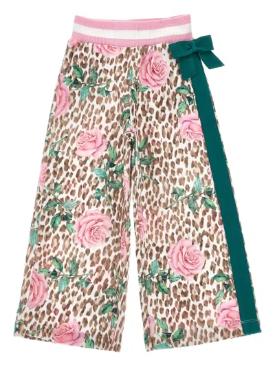 Monnalisa Kids' Leopard Rose Wide-leg Sweatpants In Multi
