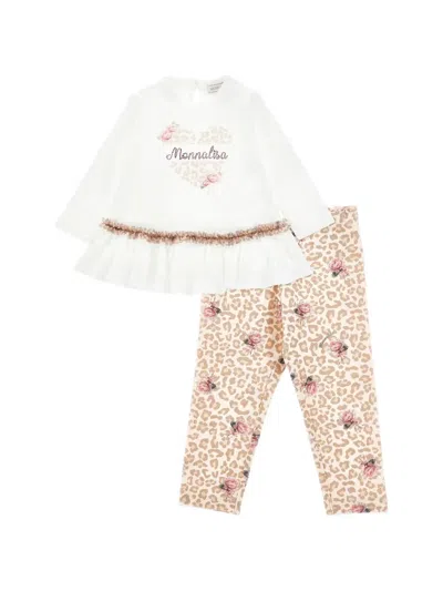 Monnalisa Kids' Leopard-print Floral-print Top And Trouser Set In White