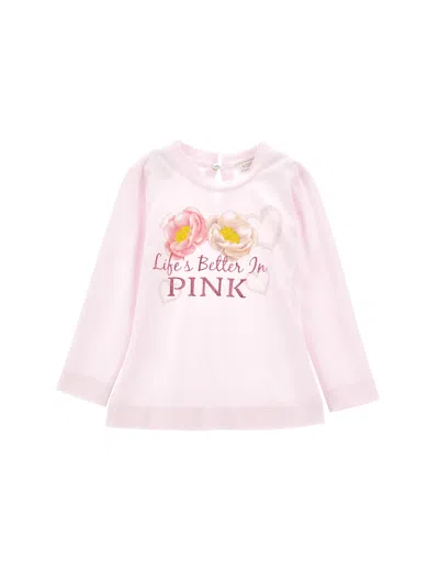Monnalisa Kids'   Life Is Better Print Cotton T-shirt In Dusty Pink Rose