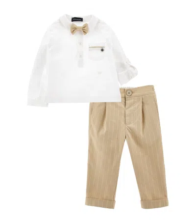 Monnalisa Kids' Linen-cotton Shirt, Trousers And Bow Tie Set In White