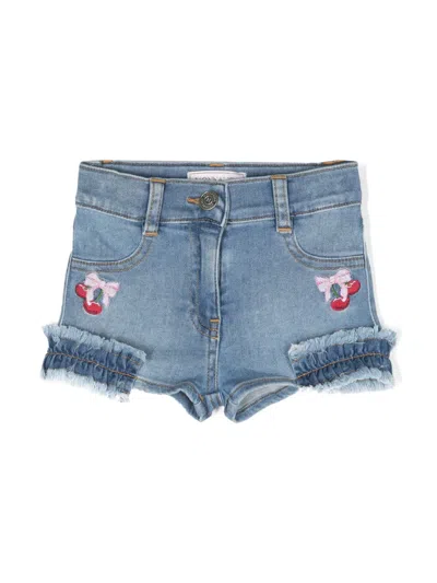 Monnalisa Babies' Cherry-embroidered Denim Shorts In Blue