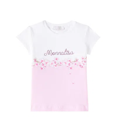 Monnalisa Kids' Logo Floral Cotton-blend T-shirt In Pink
