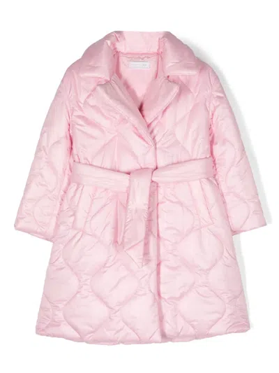 Monnalisa Kids' Logo-patch Belted Quilted Coat In Pink