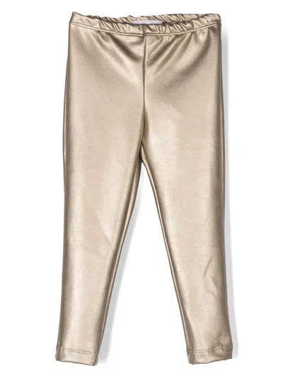 Monnalisa Kids' Logo-plaque Faux-leather Trousers In Gold