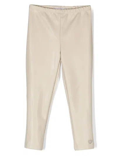 Monnalisa Kids' Logo-plaque Faux-leather Trousers In Neutrals